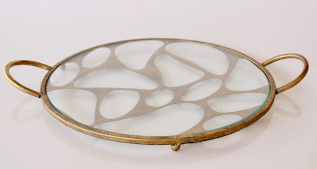 Gold Round Cutout Metal Tray Glass Top